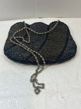 VTG La Regale LTD Black Golden Bronze Beaded Fan-Shaped Evening Purse 7"x5.5"